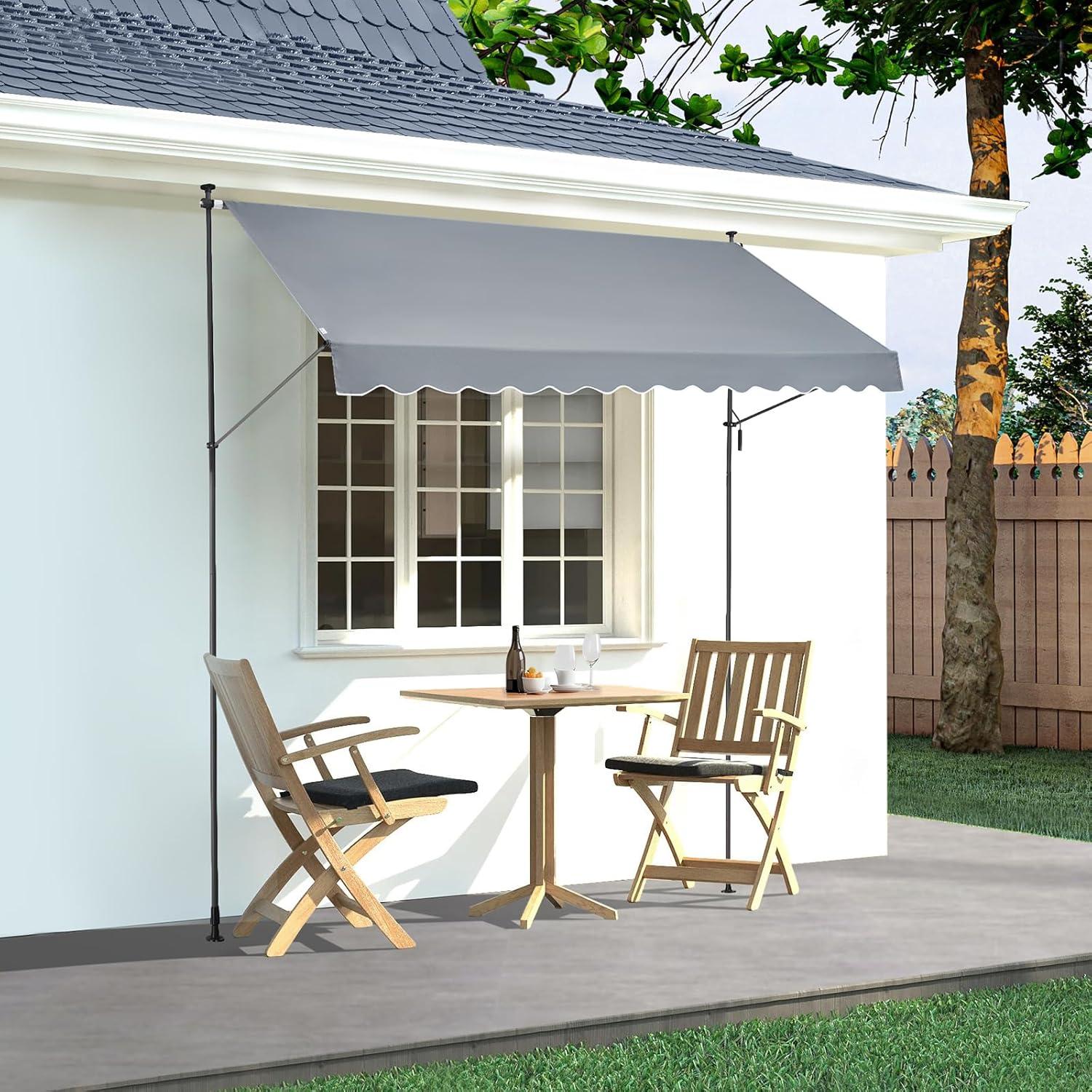 Gray Retractable Patio Awning with Steel Frame and Manual Crank