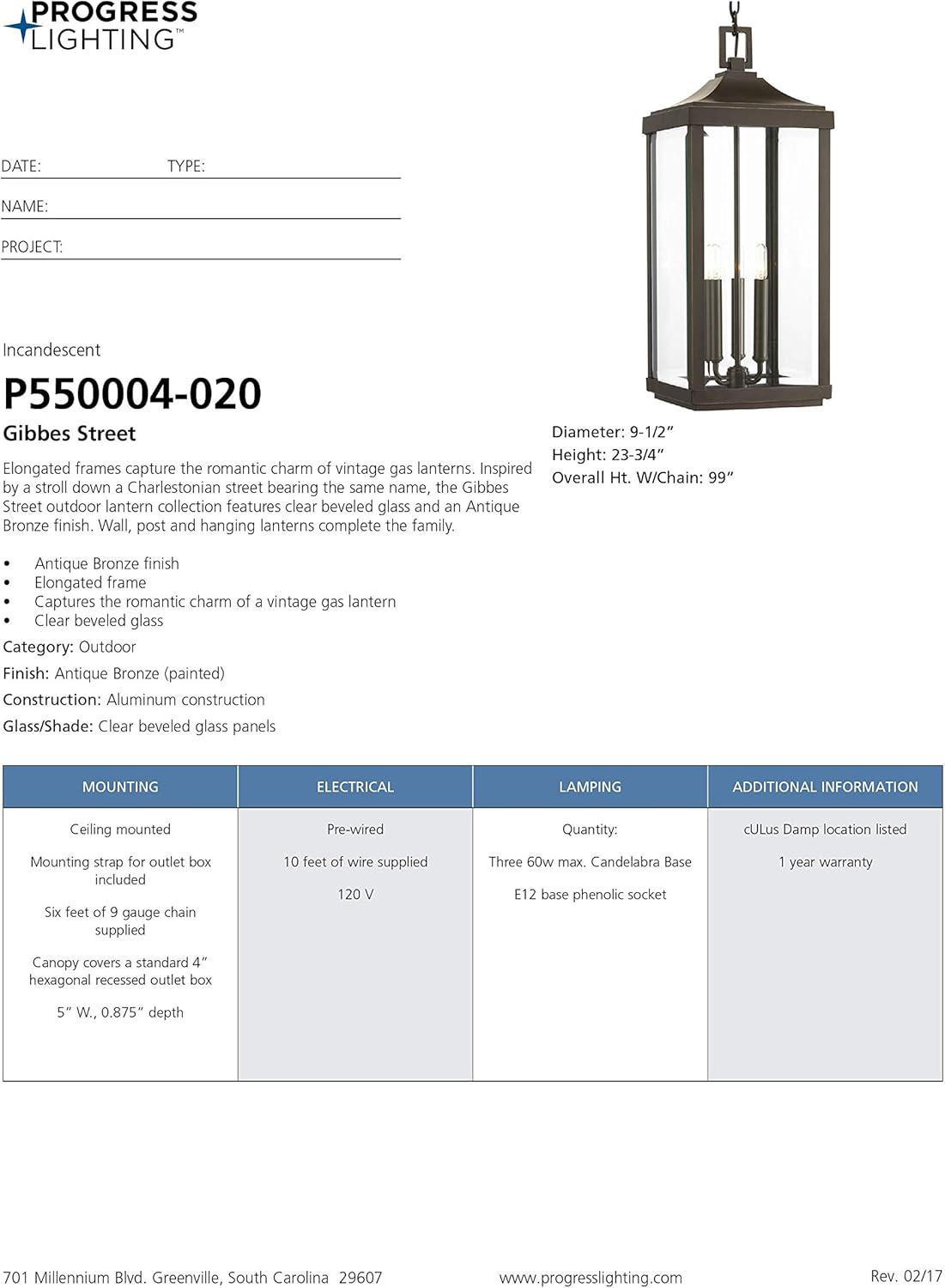 Progress Lighting, Devereux, 3-Light Outdoor Hanging Lantern, Antique Bronze, Etched White Pillar Shade