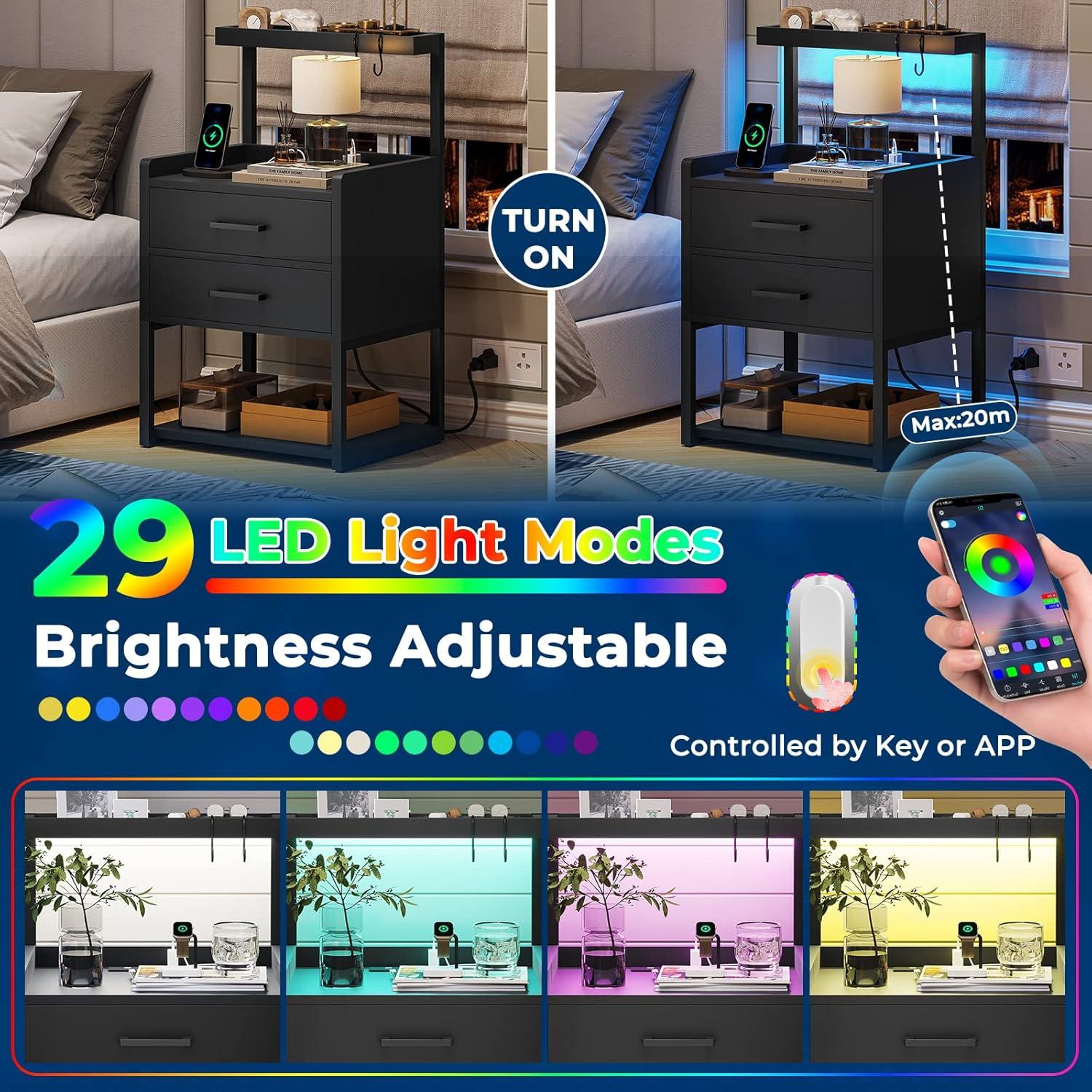 Afuhokles Led Nightstand with Charging Station,2 Drawers Night Stands with Led Lights, Black Bedside Tables with Storage Shelves