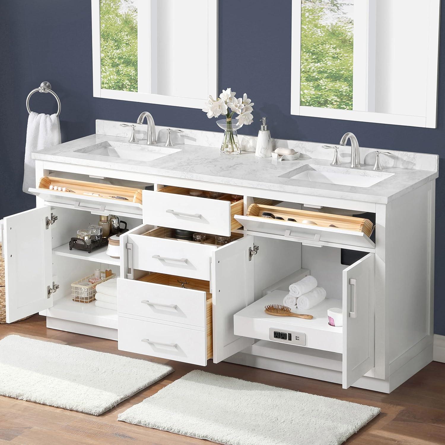 Athea 72" Pure White Double Freestanding Bathroom Vanity with Marble Top