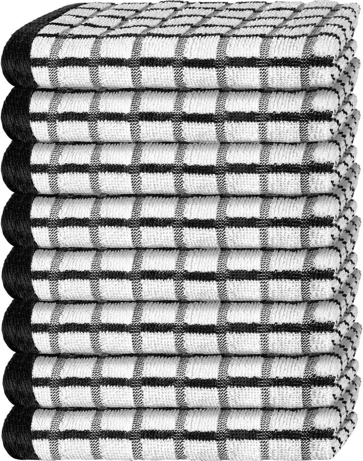 White Classic 100% Cotton Checkered Design Kitchen Towel Set of 8 - 16x26" Black