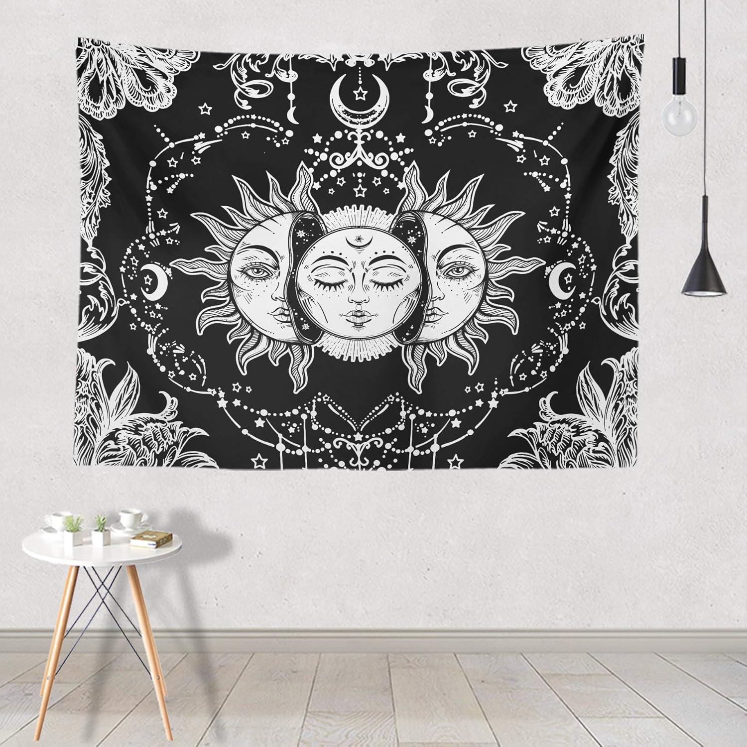 Ftuency Sun and Moon Tapestry, Black and White Tapestries Mystic Burning Sun with Star Wall Hanging decor for Bedroom (59" W x 51" L)