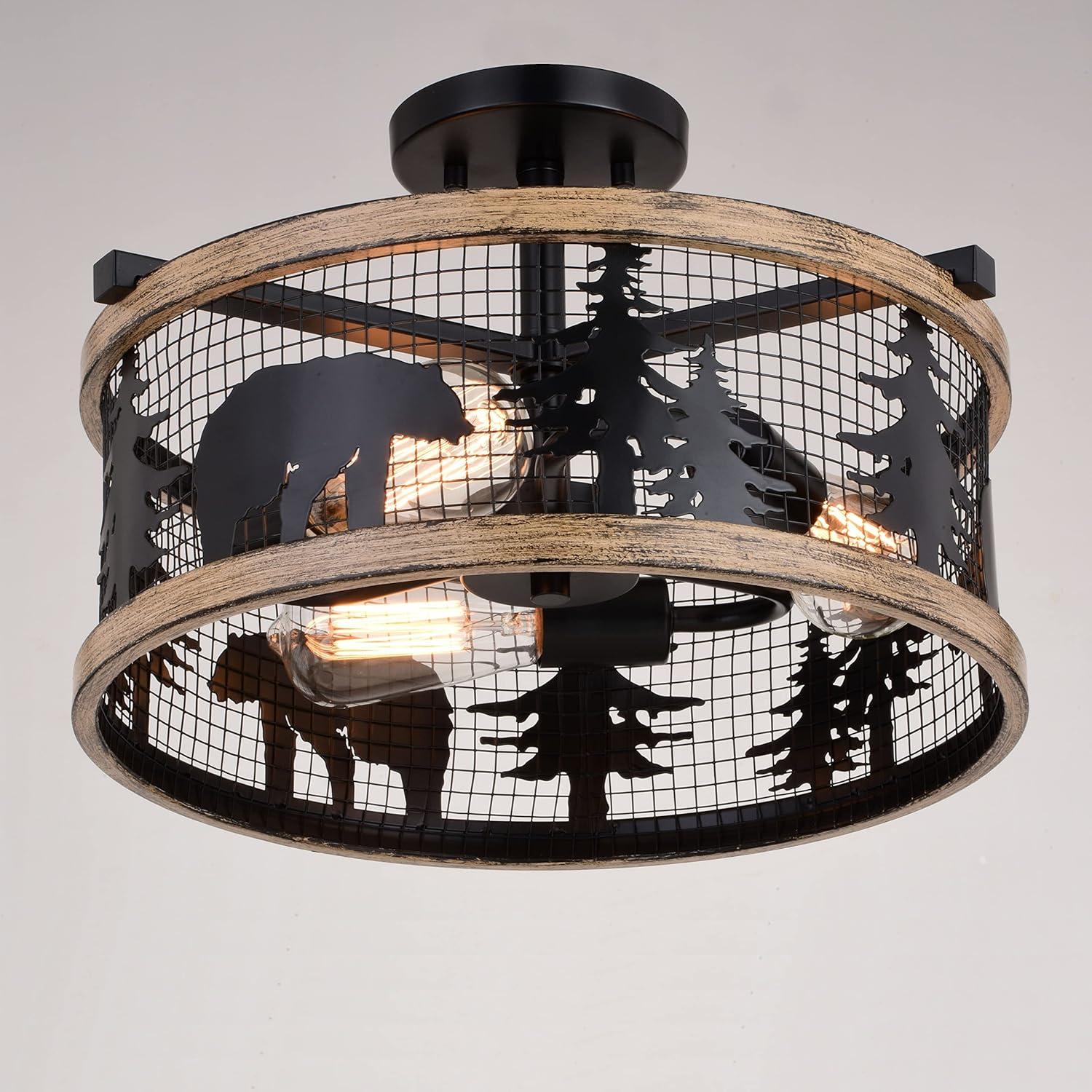 Kodiak 16-in W Black and Teak Rustic Semi Flush Mount Ceiling Light Bear and Tree Motif