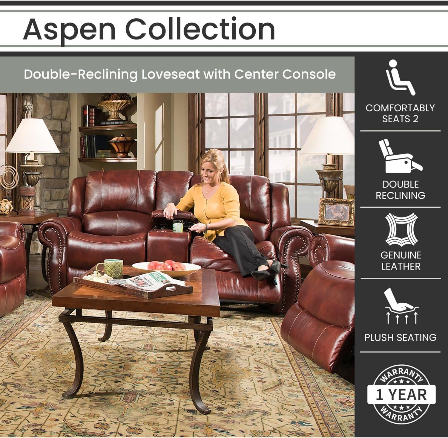 Aspen Brown Leather Double-Reclining Loveseat with Cup Holder