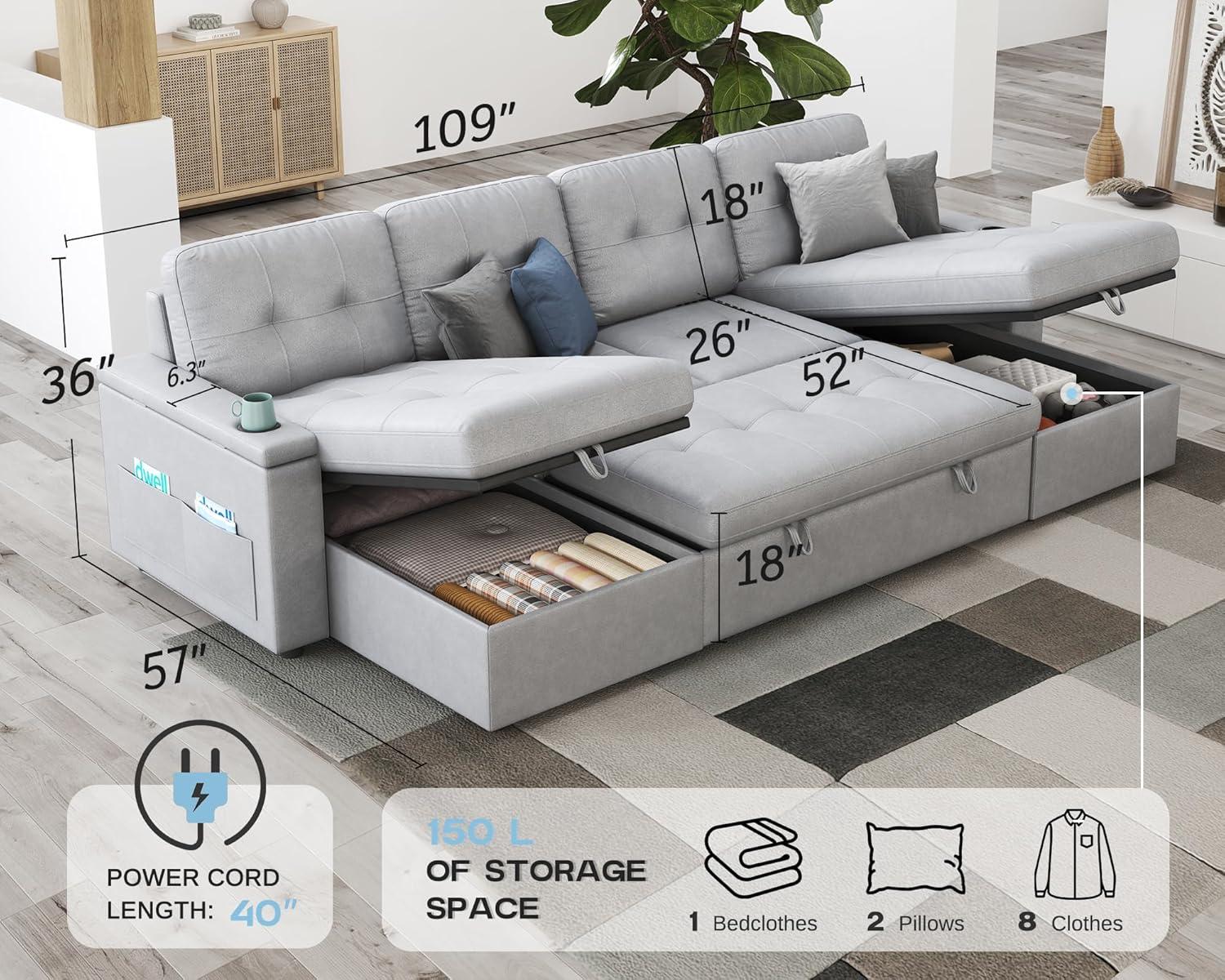 Latitude Run® Pull Out Sofa Bed With 2 USB Ports & Cup Holders, U Shaped Sleeper Sofa Bed With Dual Storage Chaise- Drak Gray