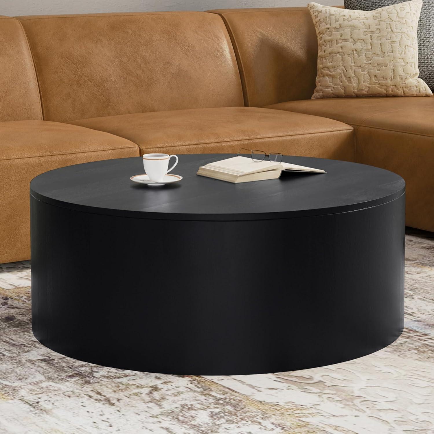 Simpli Home Millbury 36"W Solid Mango Wood Contemporary Round Drum Coffee Table, Fully Assembled