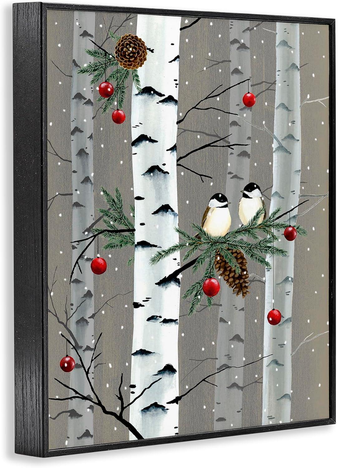 Holiday Birds and Ornaments Birch Tree Forest Framed Wall Art