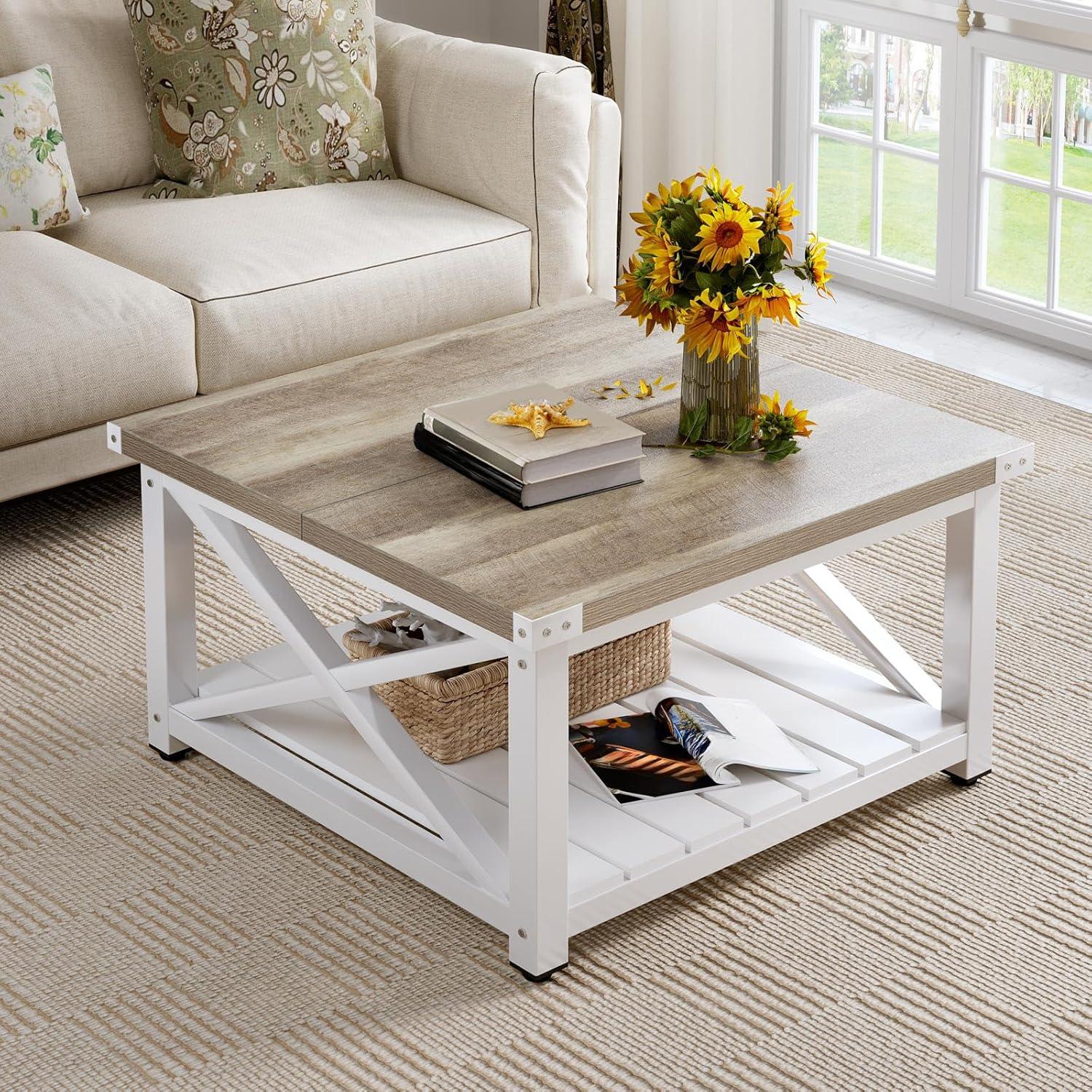 DEXTRUS Farmhouse Square Wood Coffee Table with Open Storage Shelf