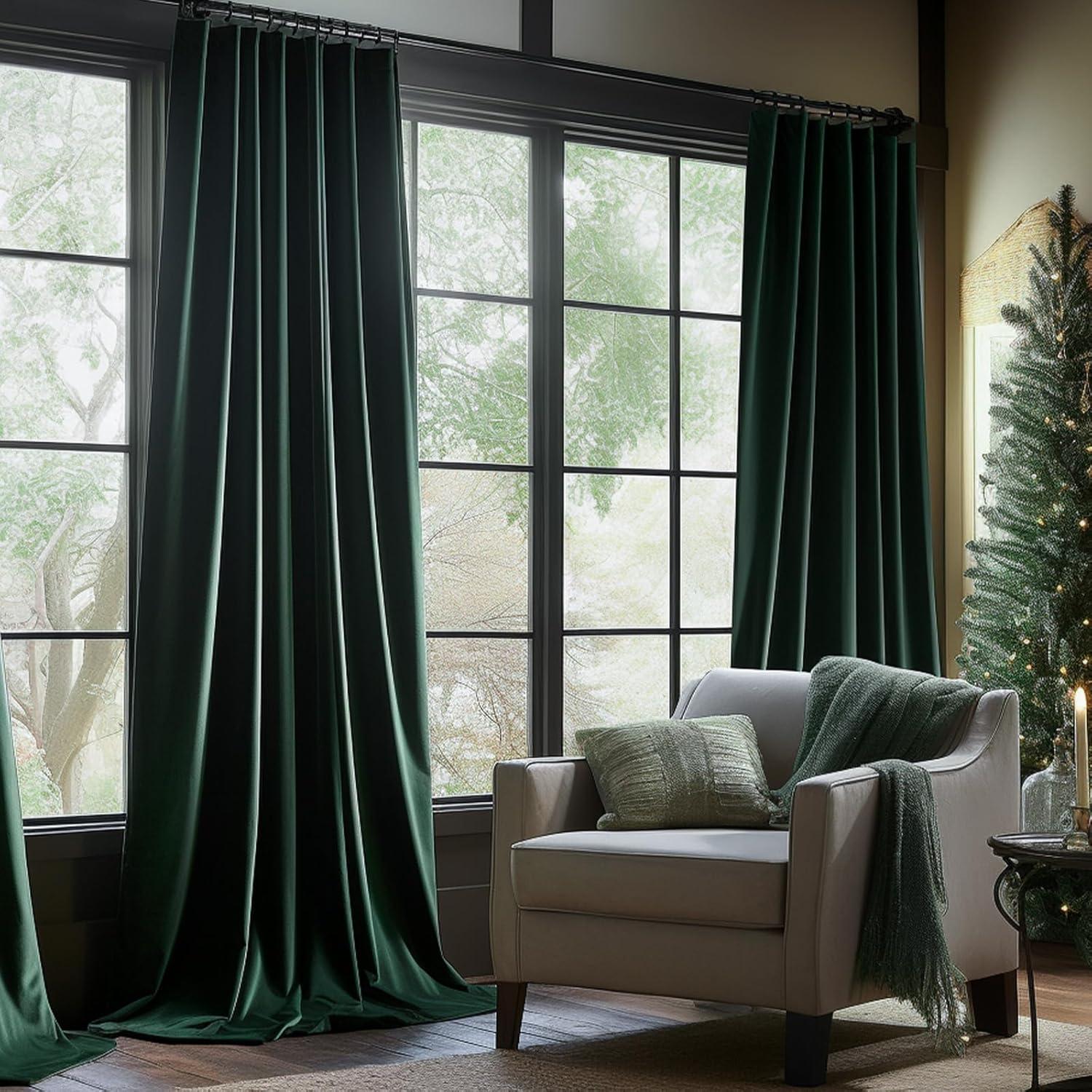 Emerald Green Velvet Blackout Thermal Insulated Curtains 63" Long