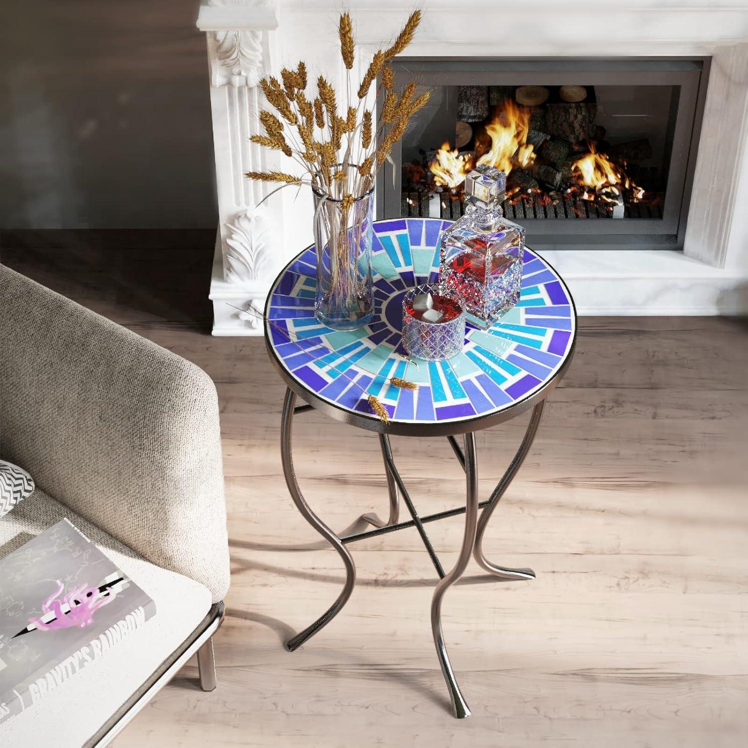 Outdoor Patio Side Table Round Ceramic Tile End Table Blue