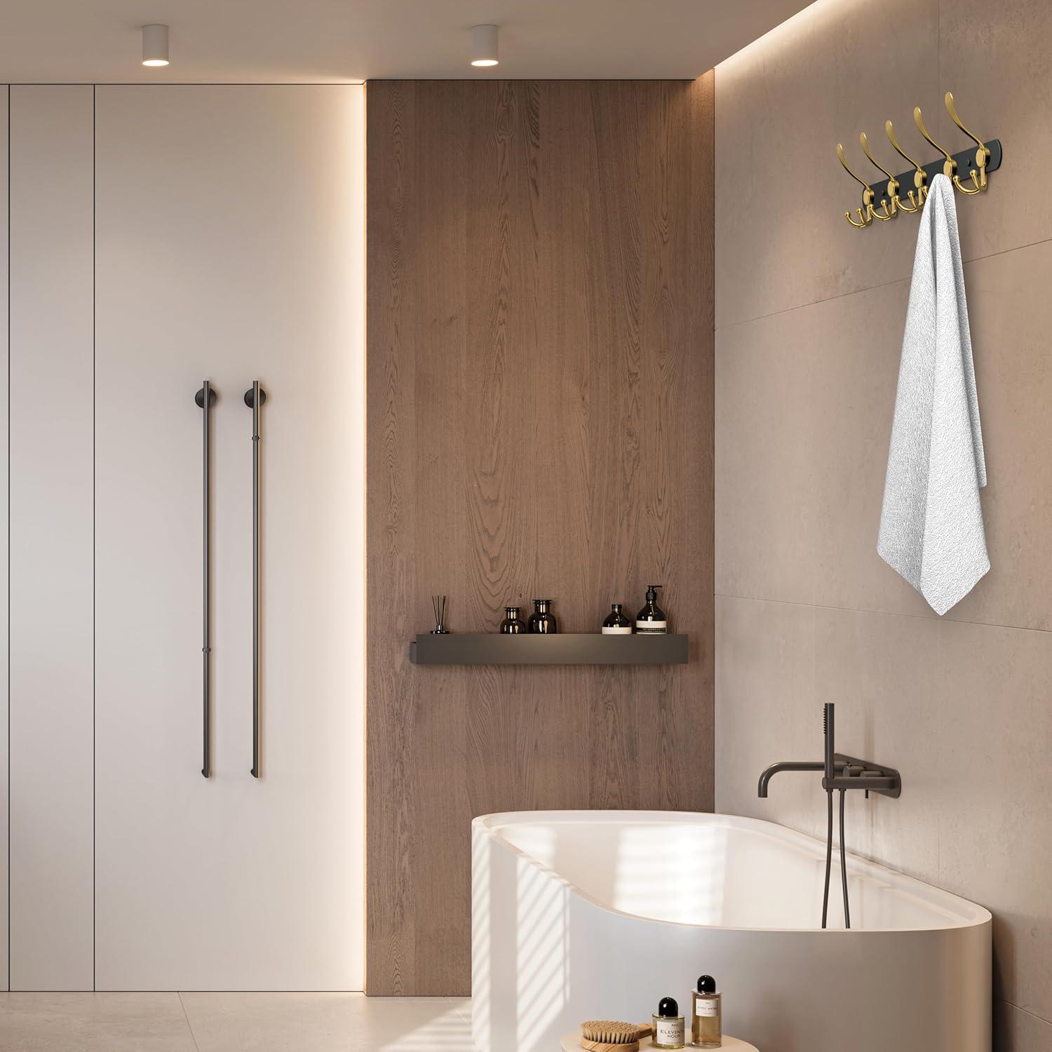 Black and Gold Coat Rack Wall Mounted - 16 Inch Heavy Duty Stainless Steel Matte Finish Wall Hook Rack - 5 Tri Coat Hooks for Hanging Towels, Bags, Hat - Bathroom Entryway - 2 Pack