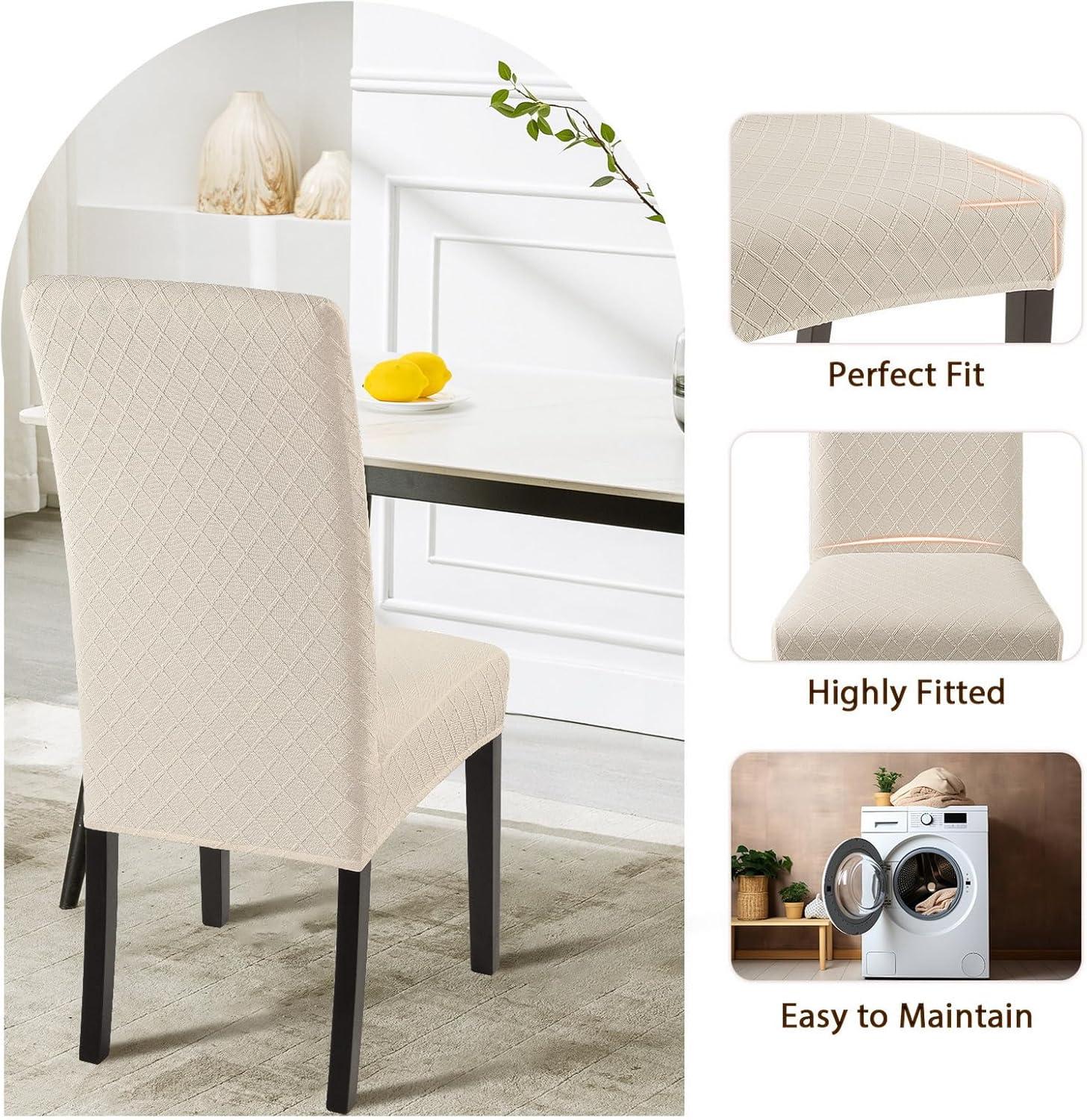 Beige Stretch Jacquard Dining Chair Covers, Set of 4