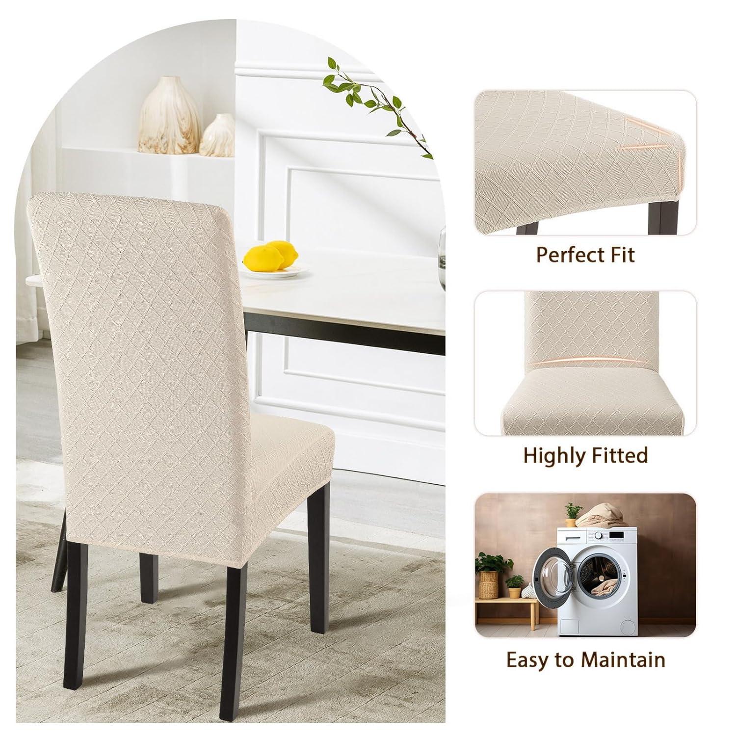 Beige Stretch Jacquard Dining Chair Covers, Set of 4