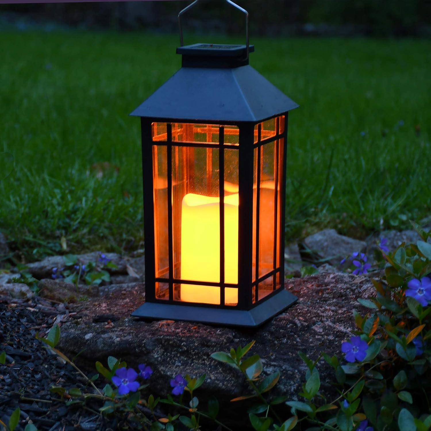 Black Solar Powered Hanging LED Lantern with Flickering Candle