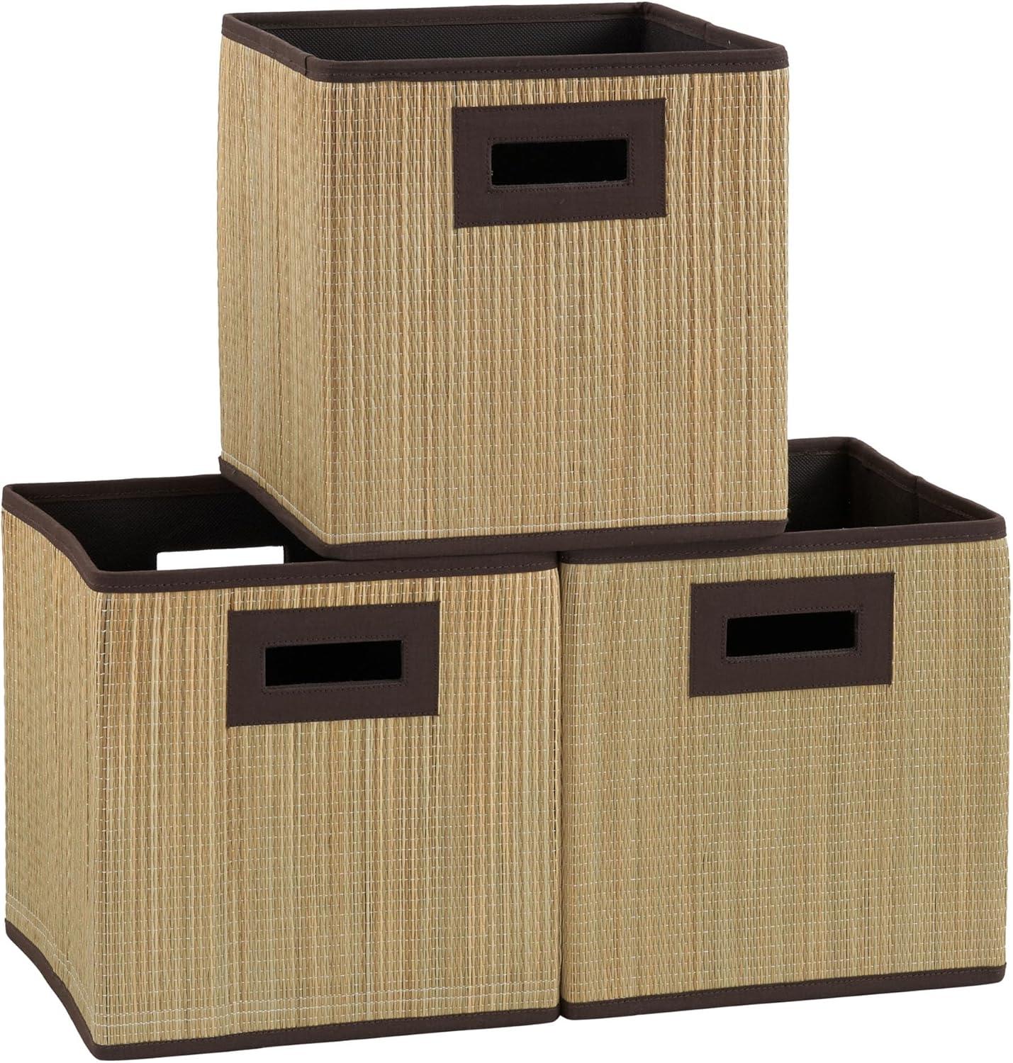 Brown Grass Cloth Fabric Foldable Storage Cubes, Set of 3