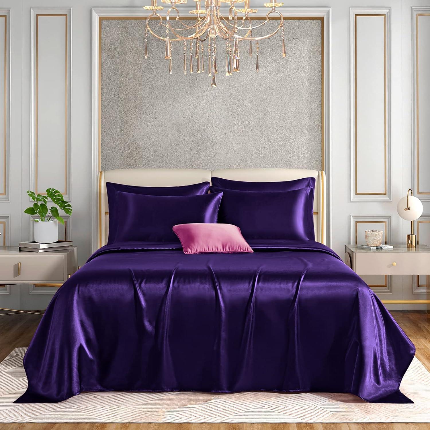 Hight Thread Count Solid Color Soft Silky Charmeuse Satin Luxury and Super Soft Bed Sheet Set (Purple, Queen)