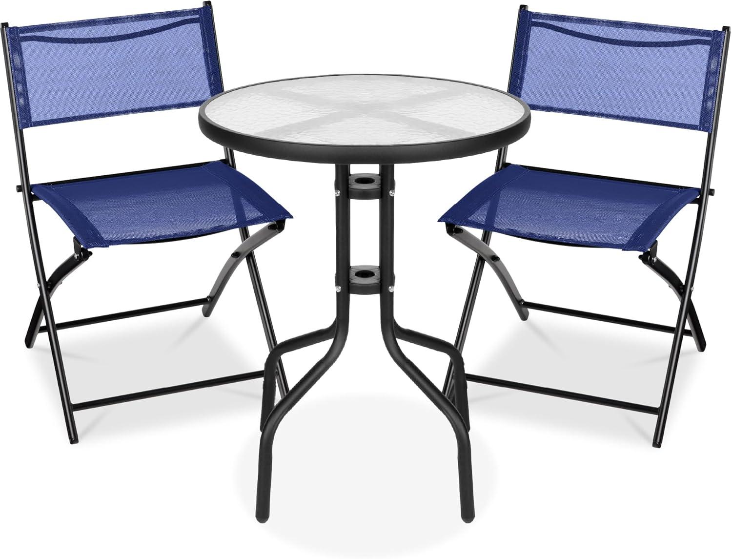 George Oliver 3-Piece Patio Bistro Dining Furniture Set W/ Glass Tabletop, Folding Chairs