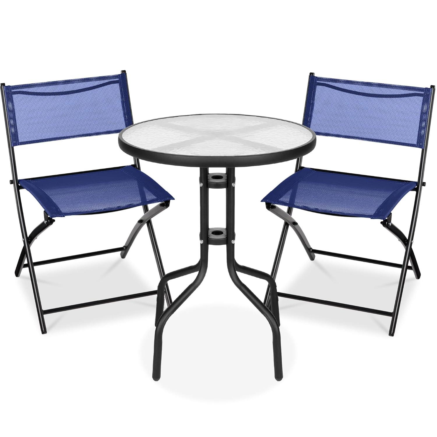 George Oliver 3-Piece Patio Bistro Dining Furniture Set W/ Glass Tabletop, Folding Chairs