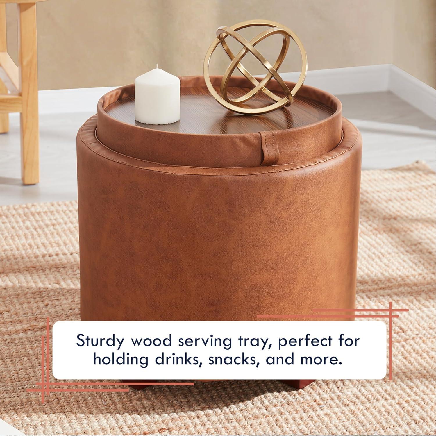 Ornavo Home Lawrence Round Storage Ottoman with Table Top Lid - Linen Beige