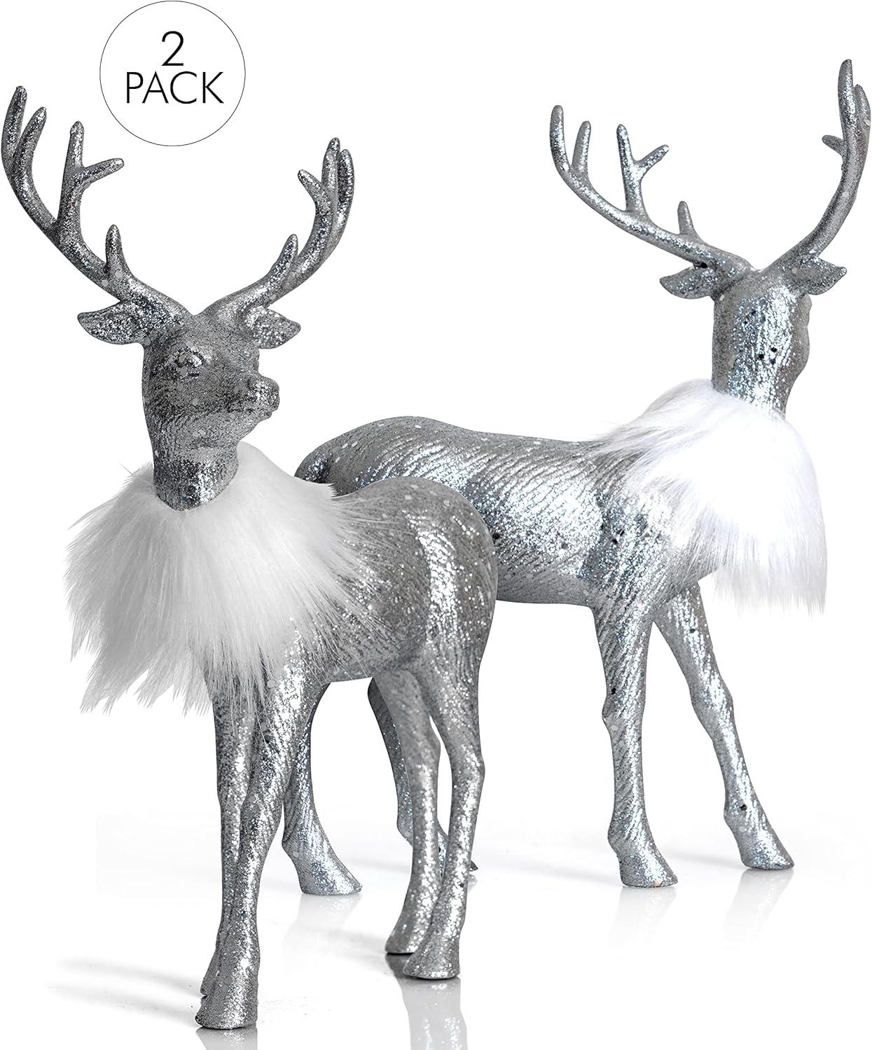 Ornativity Glitter Christmas Reindeer Figurines-  Silver - Pack of 2