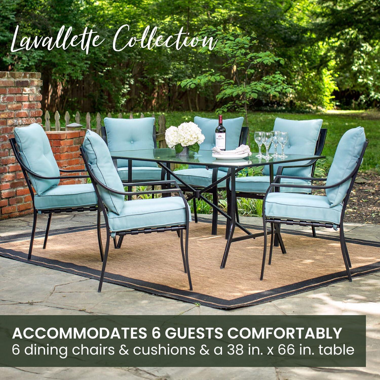 Lavallette 7-Piece Black Steel Outdoor Dining Set with Blue Cushions