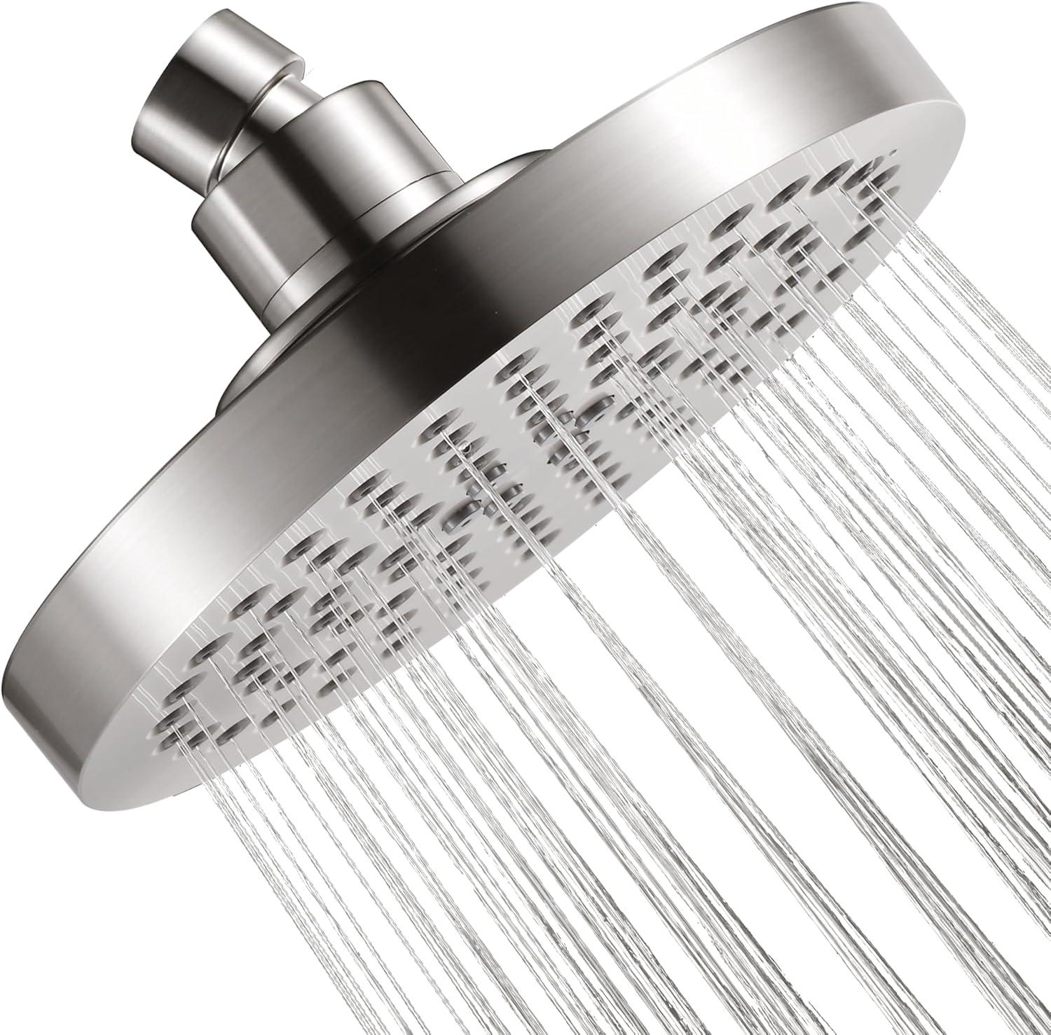 BRIGHT SHOWERS High Pressure Shower Head, 6 Inch Rain Shower Head, 2 Spray Settings Rainfall Shower Heads, Adjustable Angle Replacement Bathroom Showerhead, Easy Installation Brushed Nickel