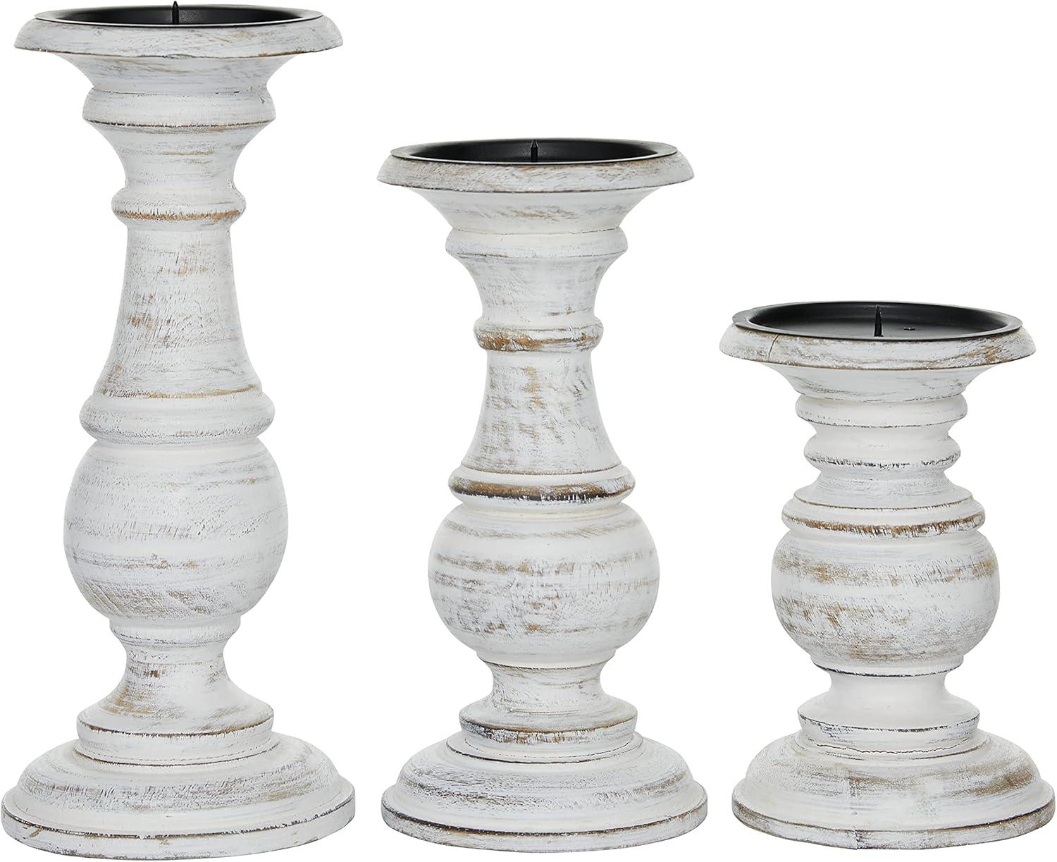 Set of 3 Rustic Pillar Candle Holder White - Olivia & May: Elegant Mango Wood, Sturdy Base, Indoor Use