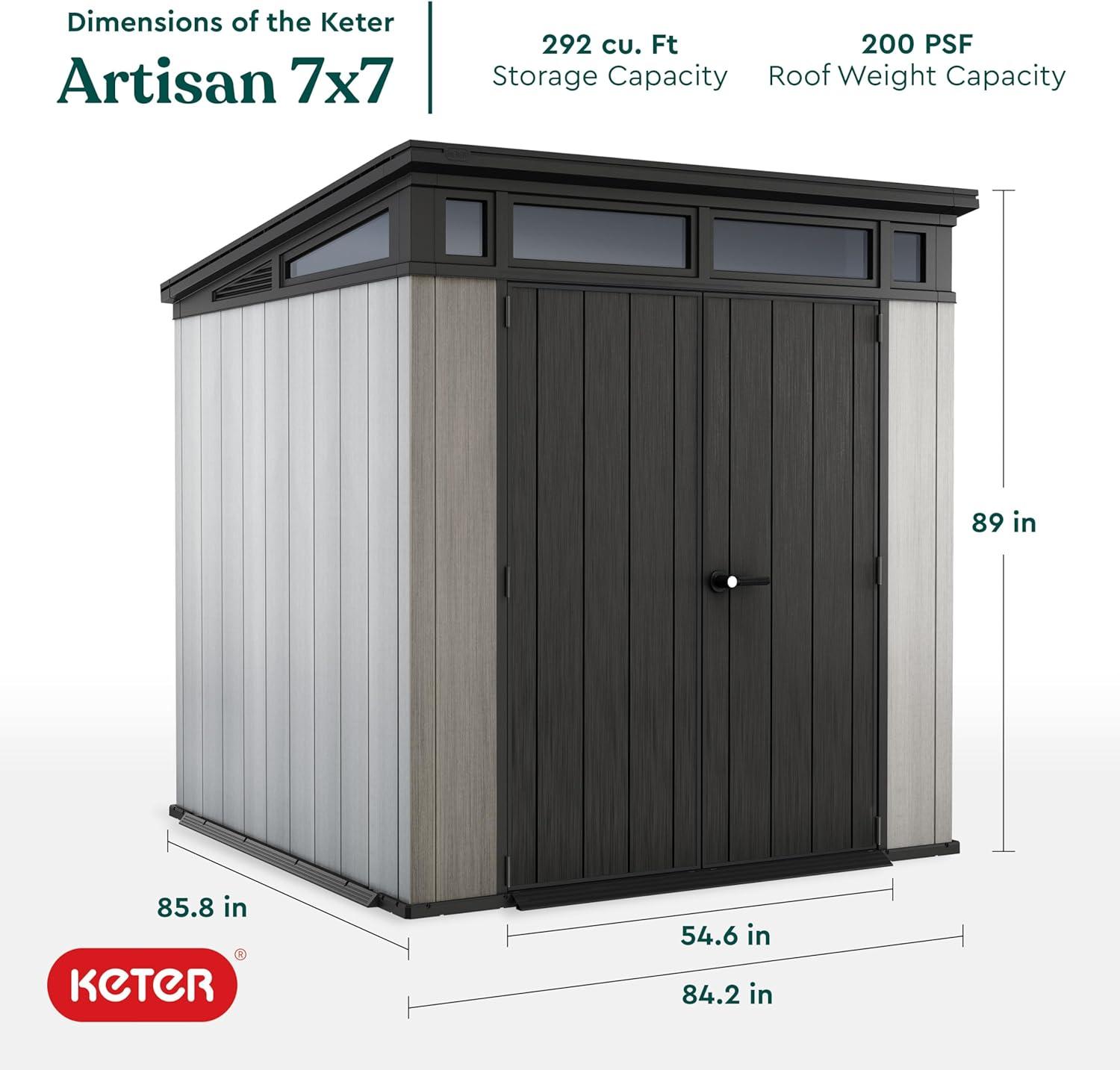 Keter Keter Artisan 7x7 ft. Modern Durable Resin Outdoor Storage Shed With Floor and Double Doors for Garden Patio Furniture and Tools, Grey