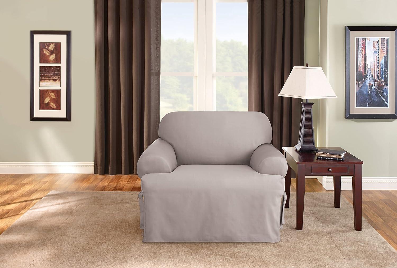 Gray Cotton T-Cushion Chair Slipcover with Elastic Closure