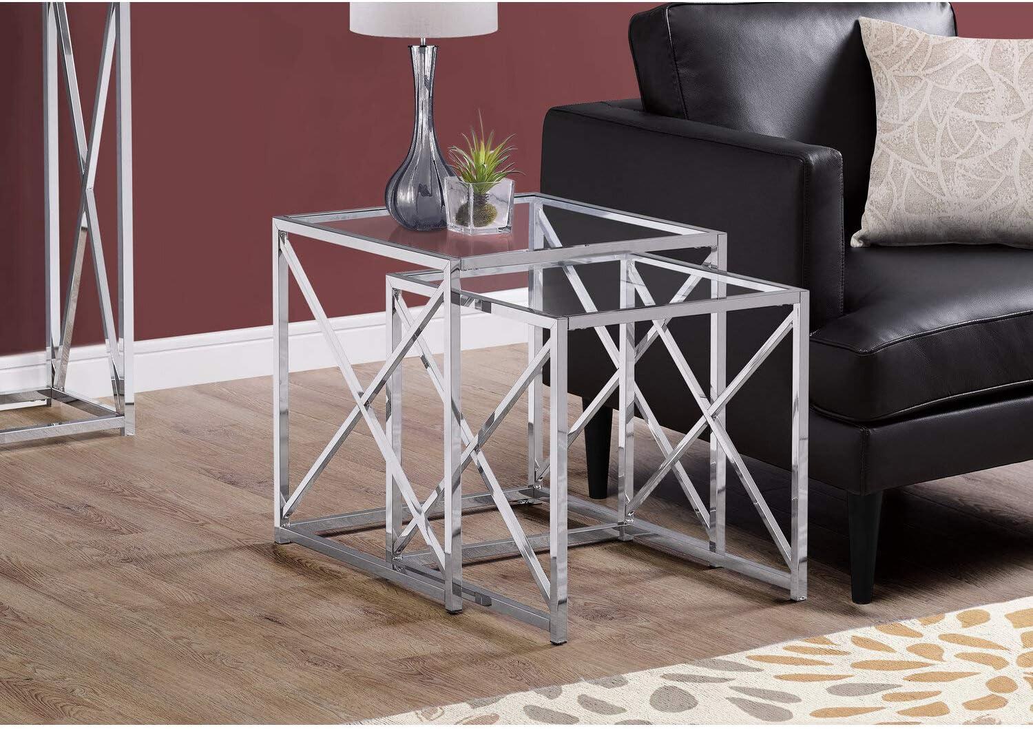 Nesting Table Set Of 2 Glass Side End Accent Living Room Bedroom Metal Chrome