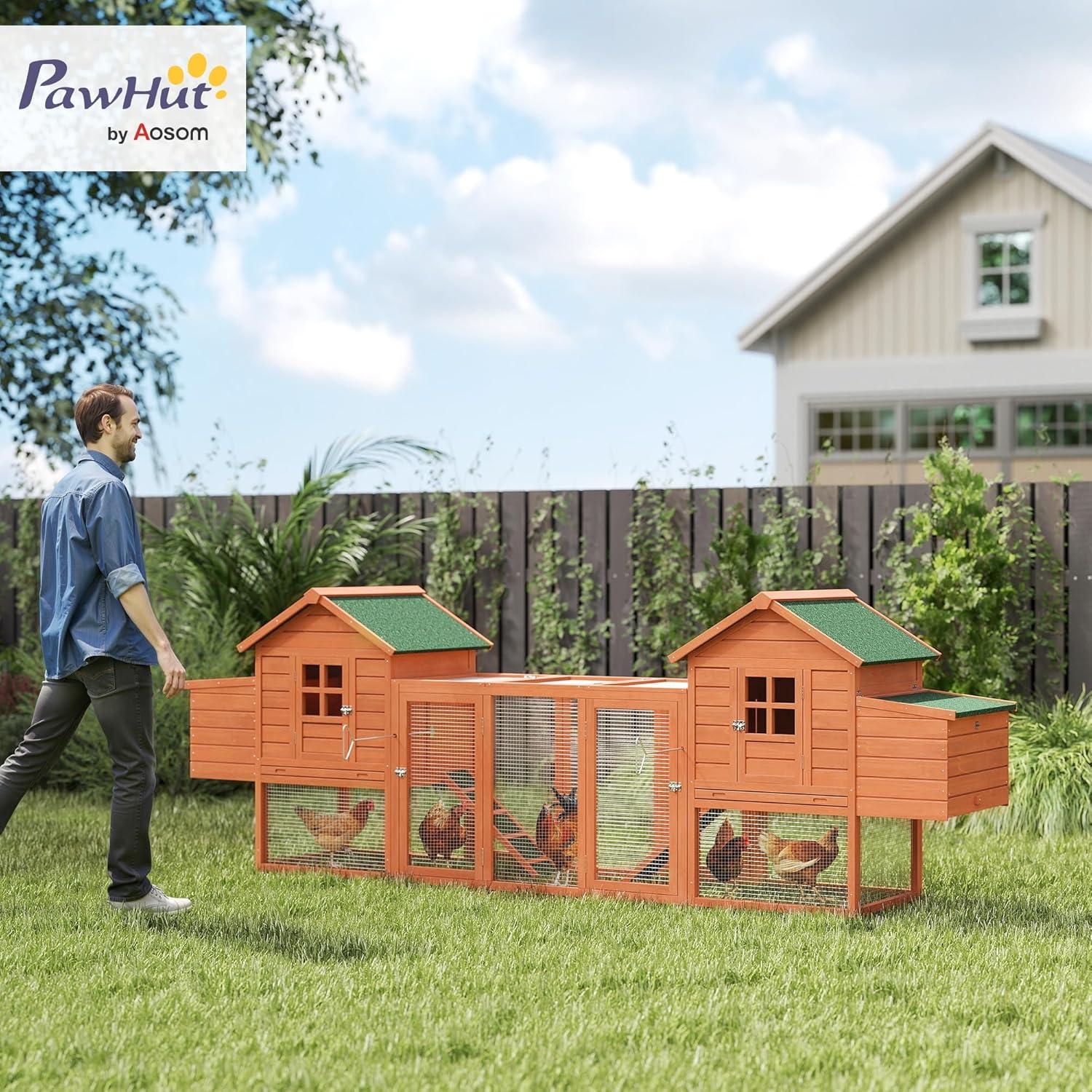 PawHut 124" Dual Chicken Coop, Wooden Large Chicken House, or Rabbit Hutch, Hen Poultry Cage Backyard with Outdoor Ramps and Nesting Boxes, Natural