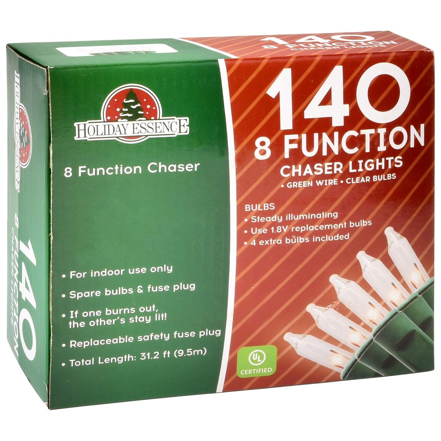 Holiday Essence Chasing Christmas Lights, 8 Function Controller 140 Clear Mini Bulbs Green Wire Indoor String Lights, 31.2 Feet Long Holiday Decor