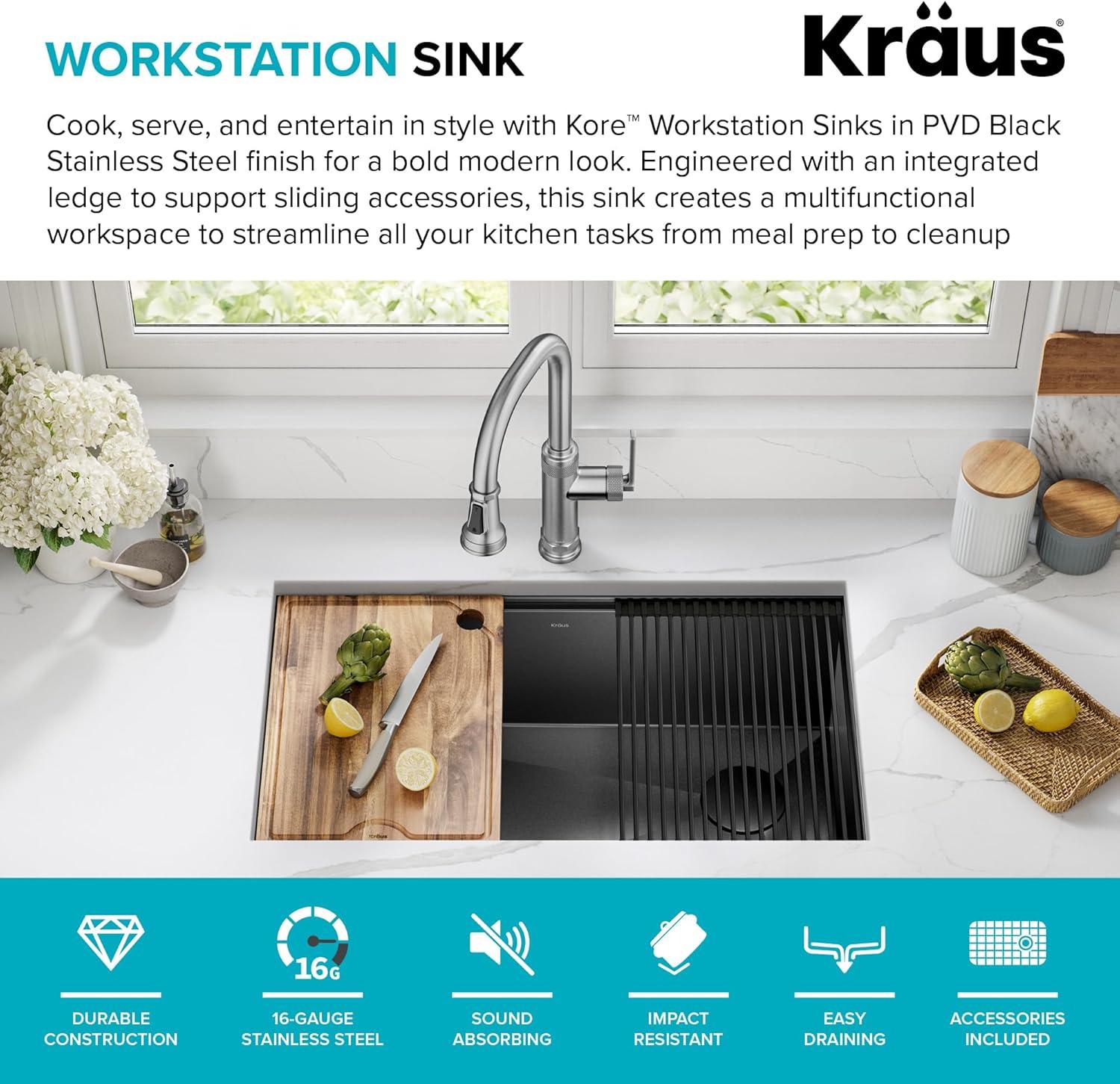 Kraus Kore Workstation 32 Undermount 16 Gauge Stainless Steel Single Bowl Kitchen Sink in PVD Gunmetal Finish with Accessories