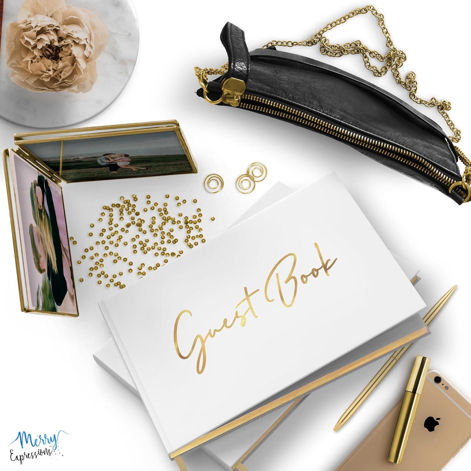 Merry Expressions Gold Guest Book & Pen - 9"x7" Hardcover White Polaroid Book 100 Page/50 Sheets - F Gilded Edges for Guests & Visitors to Sign at a Wedding, Party, Baby or Bridal Shower