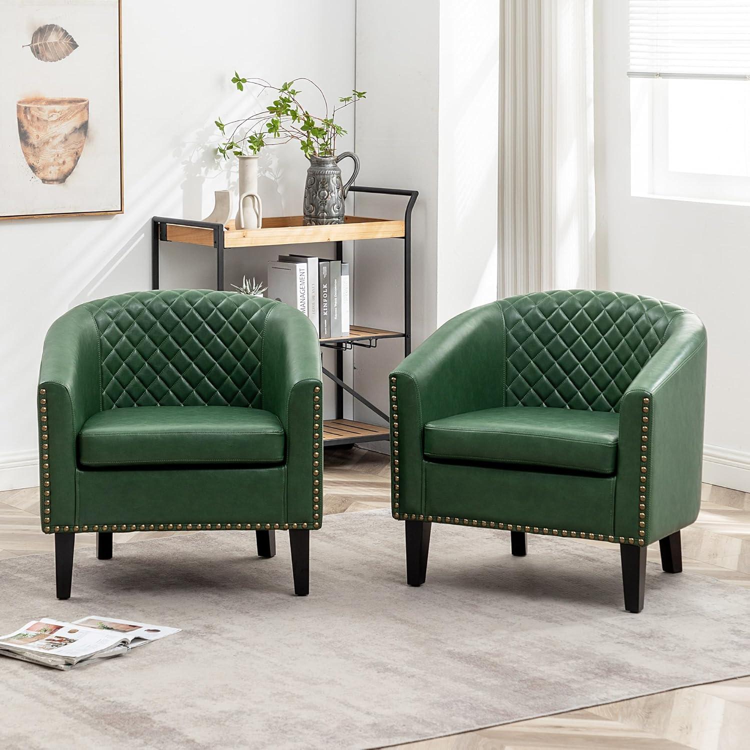 Green Faux Leather Barrel Accent Chairs with Nailhead Trim, Set of 2