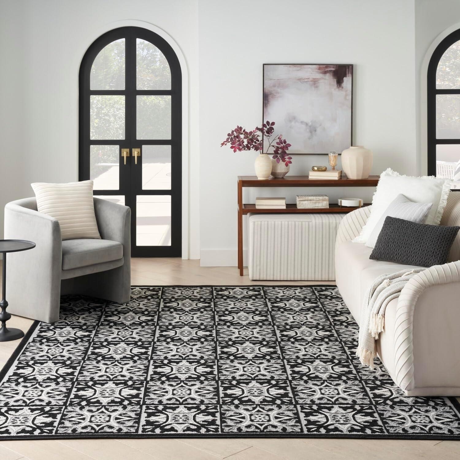 Black and White Geometric Synthetic 4' x 6' Washable Rug