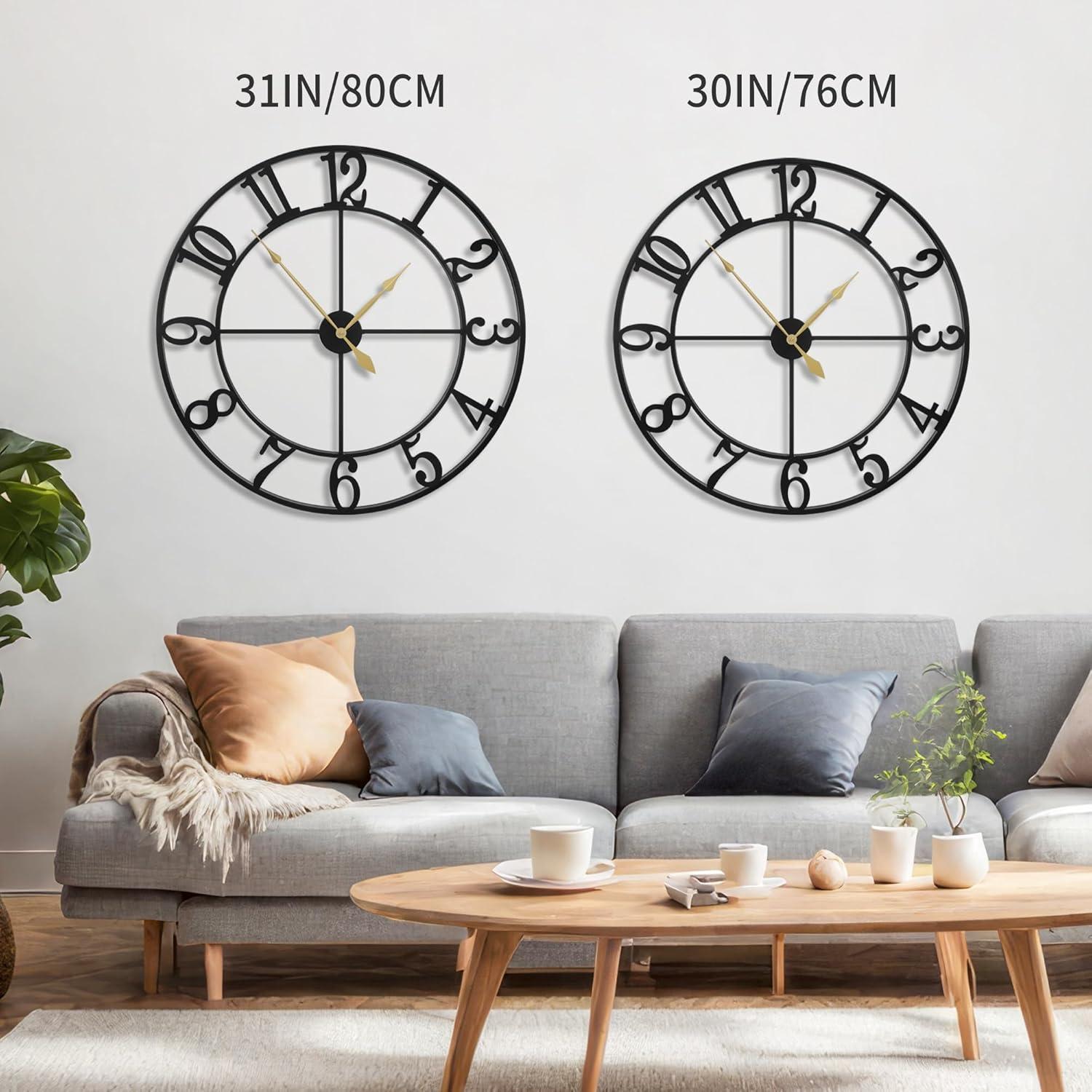 Large Vintage Round Metal Wall Clock Silent Non Ticking Battery Operated Black Roman Numerals Clocks For Living Room Bedroom Kitchen Decoration