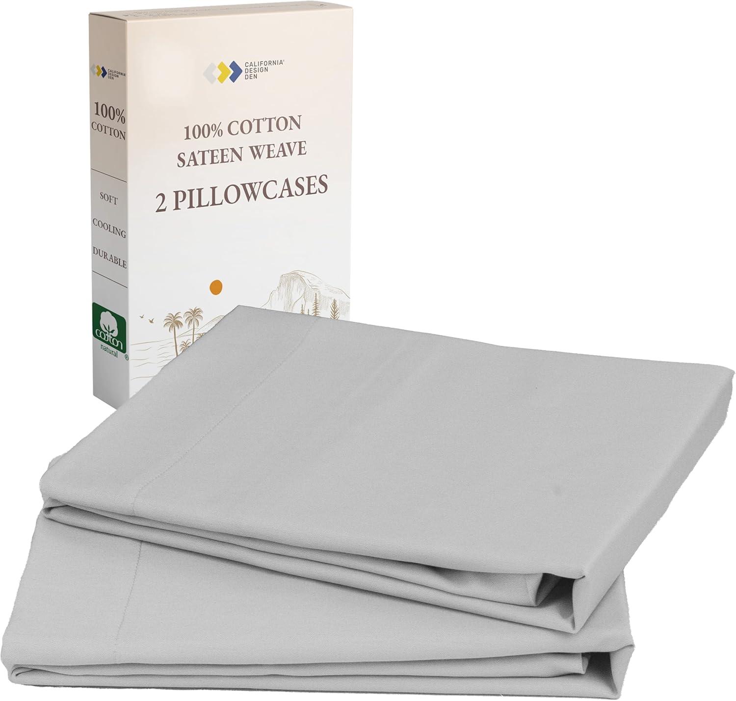 100% Cotton Light Gray Pillow Cases Standard Size / Queen Size Set of 2 Soft & Cooling Sateen Weave by California Design Den