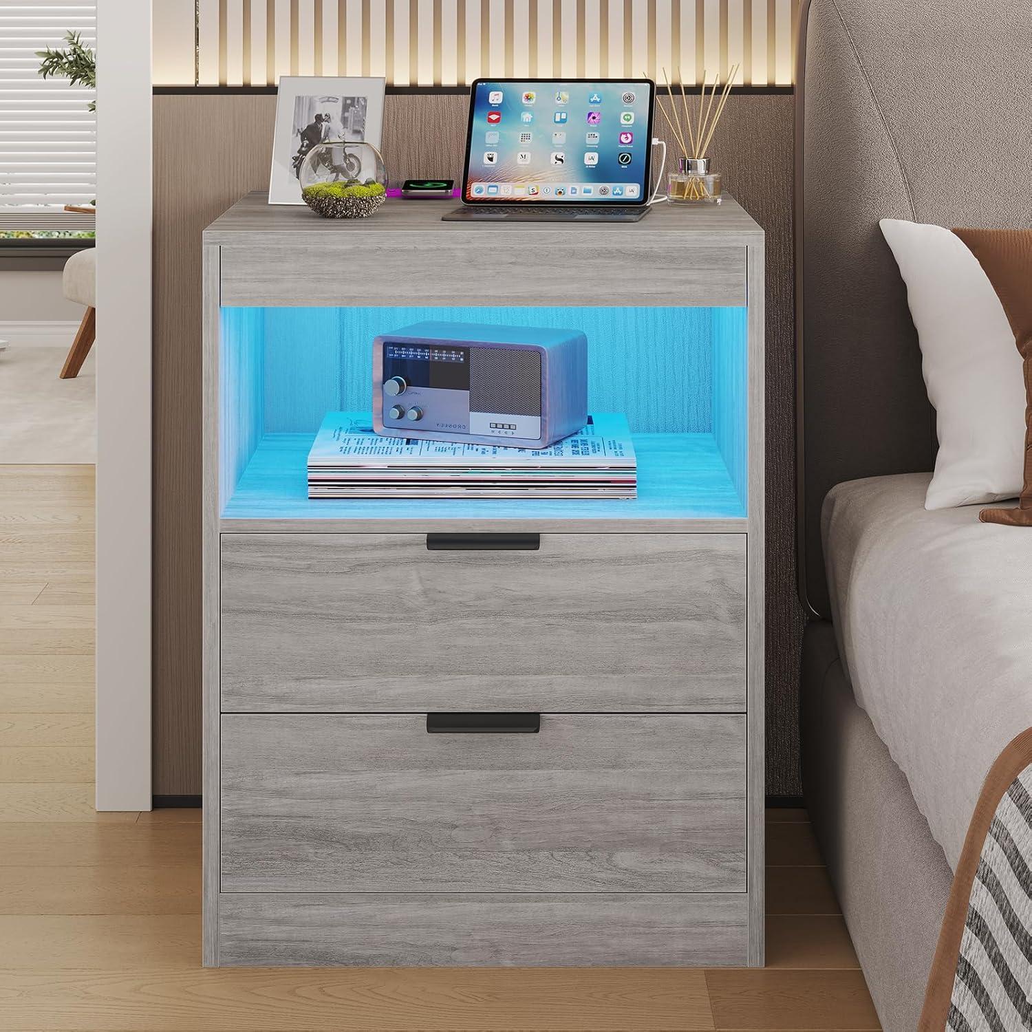 Exlonjet Black Nightstand with Wireless Charging Station and LED Lights, Bedside Table with 2 Drawers, Open Storage, 1 Pull-Out Tray, End Side Table with Charging Station, LED Night Stand with Storage
