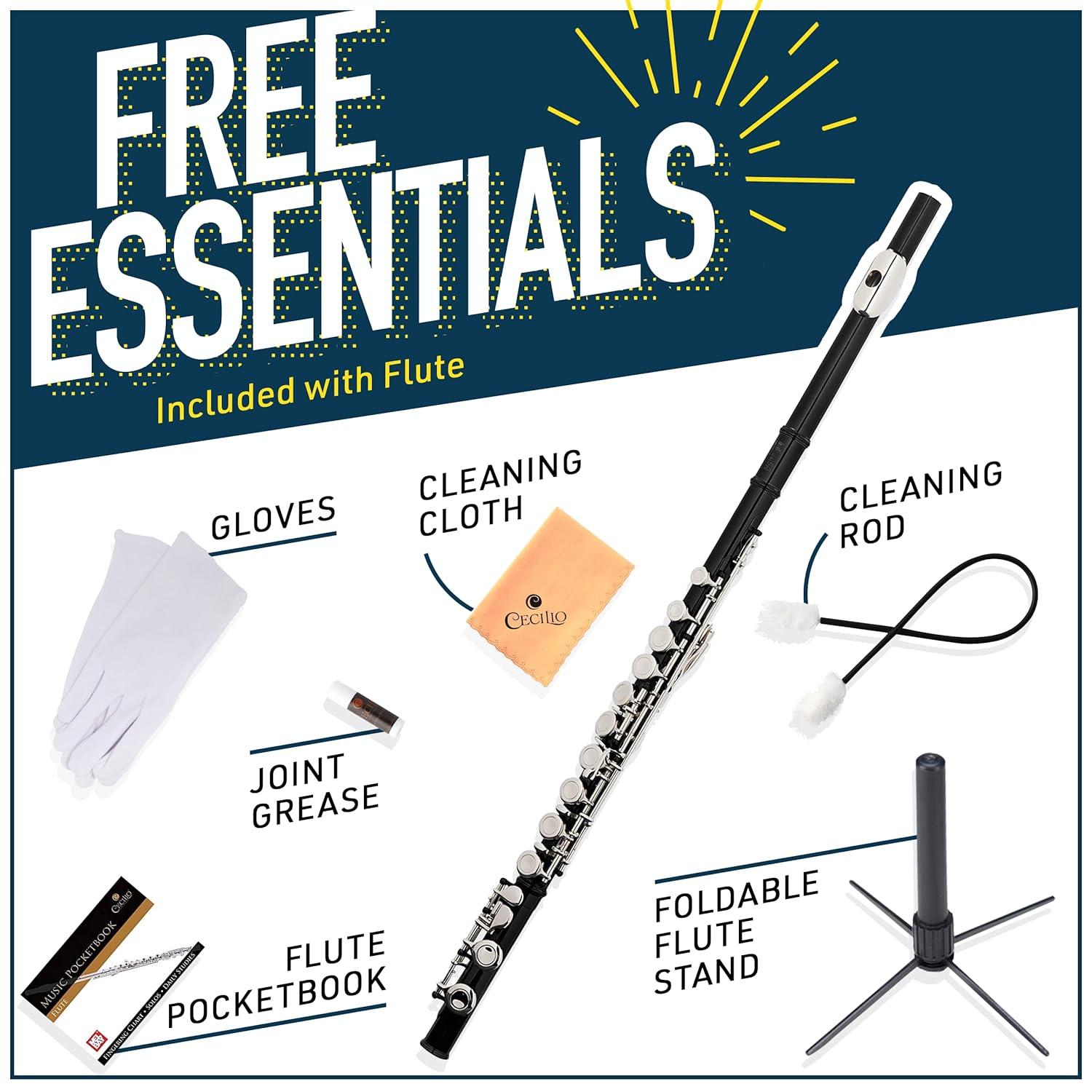 Mendini By Cecilio Flute, 16 Keys C Flute Instrument Closed Hole For Beginners with Carrying Case, Cork Grease, Stand, Lesson Book, Cleaning Kit, Gloves (Black)