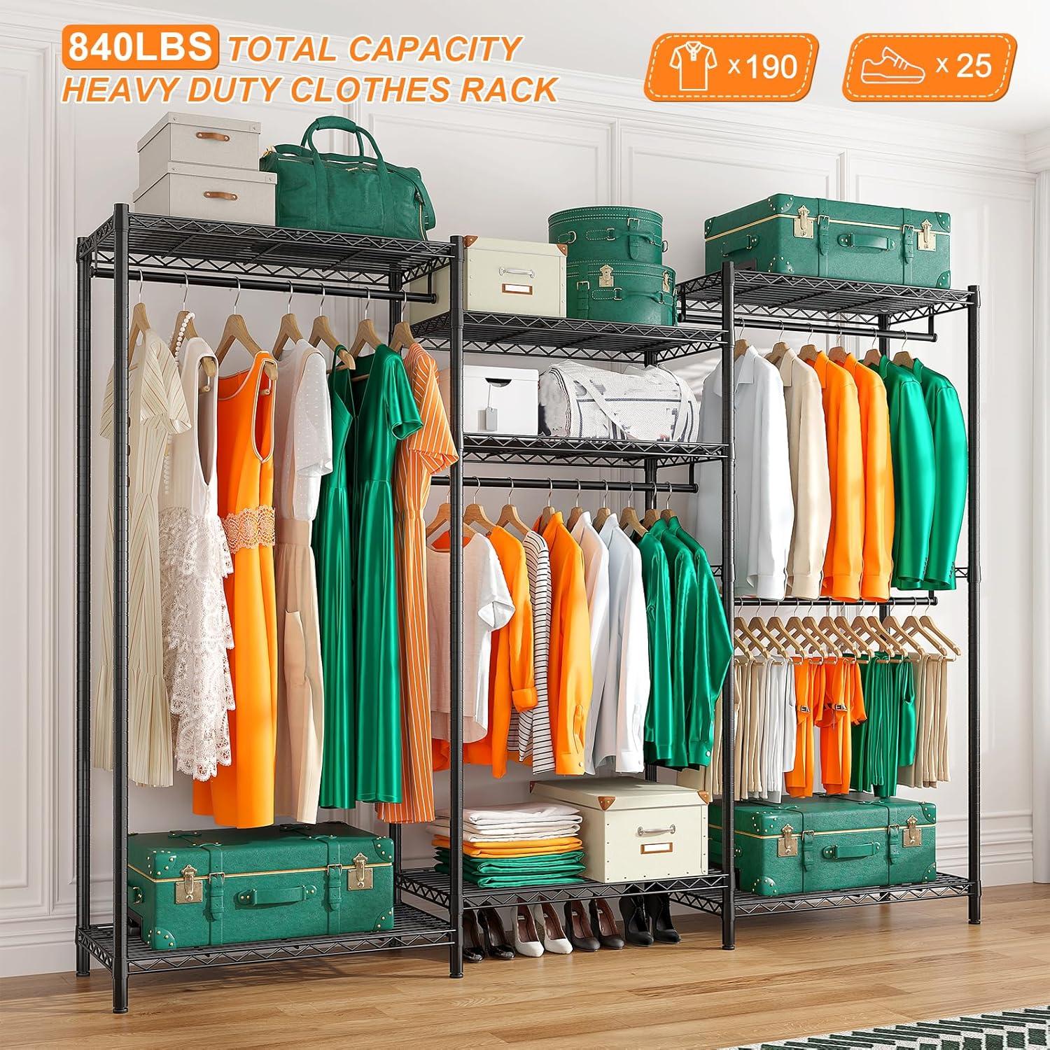 Raybee Clothes Rack Heavy Duty Load 840 LBS Adjustable Clothing Rack for Hanging Clothes,Metal Portable and Sturdy, 76.8" H x 68.8" W x 16.8" D Black