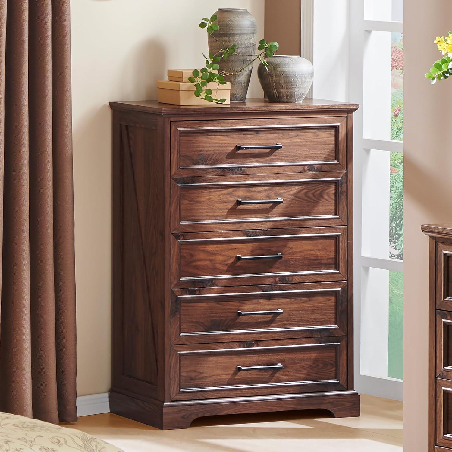 Rustic Brown 46" Tall Farmhouse 5-Drawer Wood Dresser