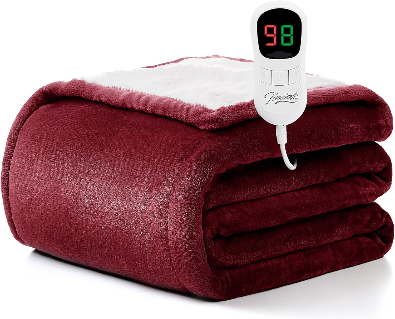 Homemate Heated Blanket Electric Throw - 50"x60" Heating Blanket Throw 1/2/4/6/8 Hours Auto-off 10 Heat Level Heat Blanket Over-heat Protection Flannel Sherpa Heater Blanket Electric ETL Certification