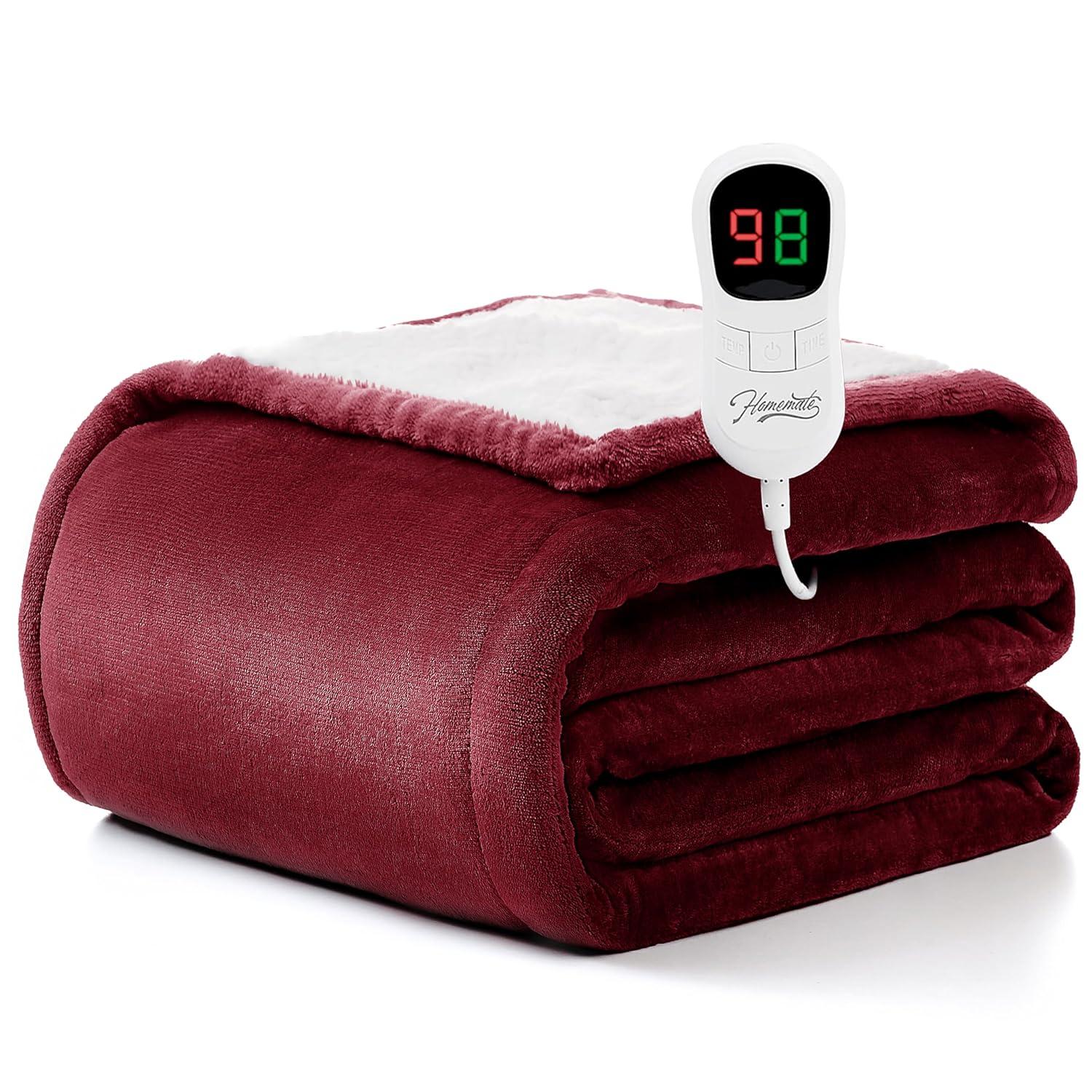 Homemate Heated Blanket Electric Throw - 50"x60" Heating Blanket Throw 1/2/4/6/8 Hours Auto-off 10 Heat Level Heat Blanket Over-heat Protection Flannel Sherpa Heater Blanket Electric ETL Certification