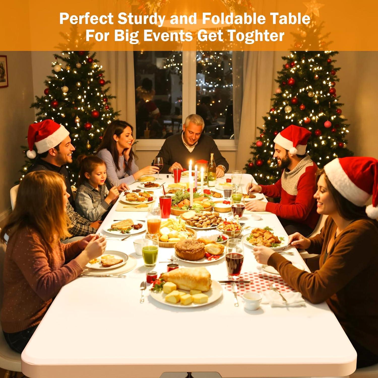 8FT（30" x 96"） Folding Table, Indoor Outdoor Heavy Duty Picnic Table with Carrying Handle,Plastic Fold up Table for Picnic, Party, Camping，Office - White