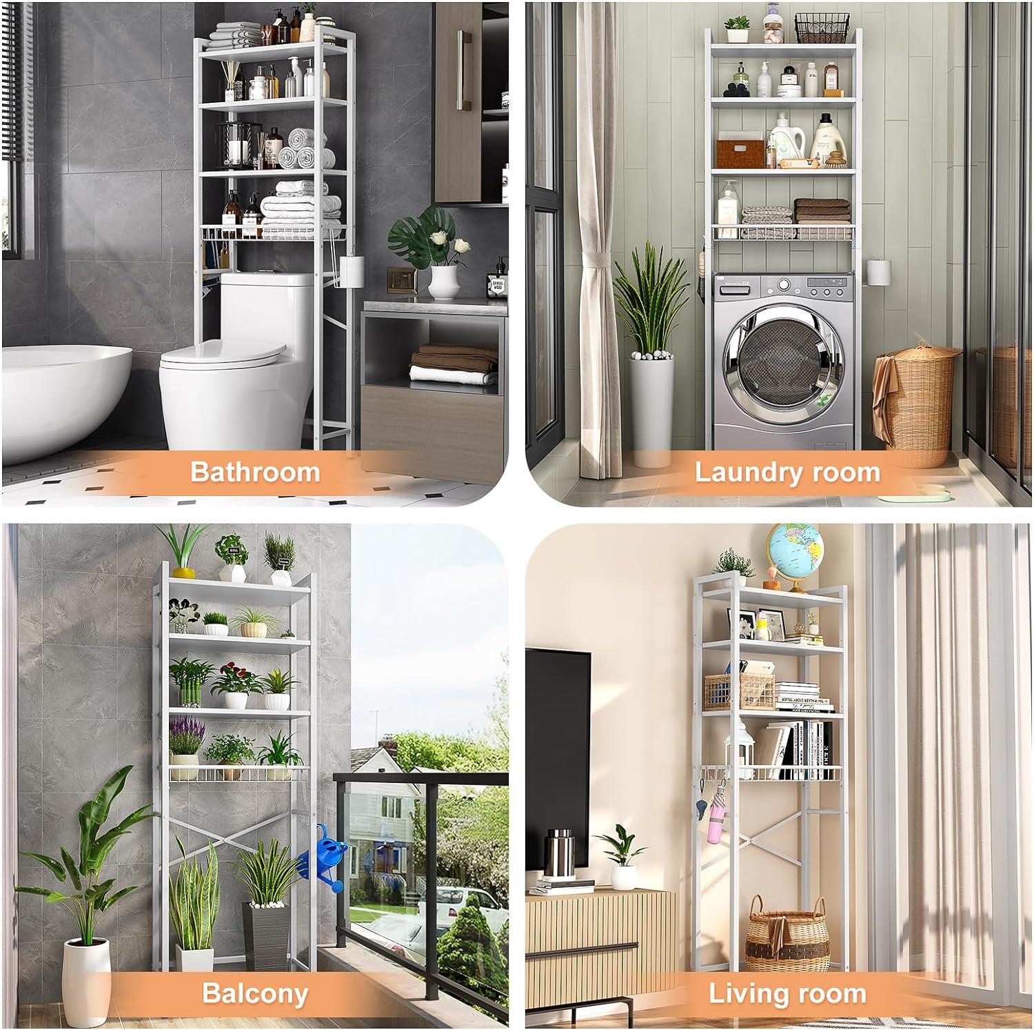4-Tier Bathroom Organizer Shelf Over Toilet with Adjustable Shelf and Basket