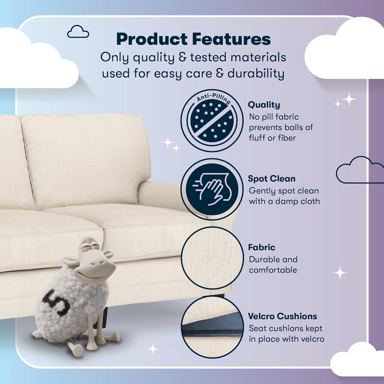 Serta Copenhagen 61" Rolled Arm Sofa, Easy Care Fabric, Soft Pillow Back, Pocket Coil Seat Cushions
