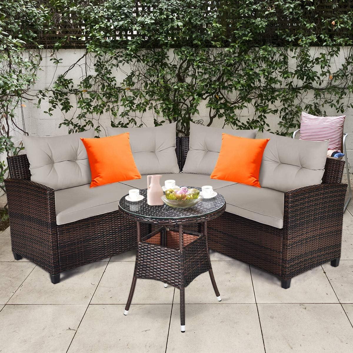 Patiojoy 4PCS Outdoor Patio Conversation Set Wicker Rattan Sectional Sofa