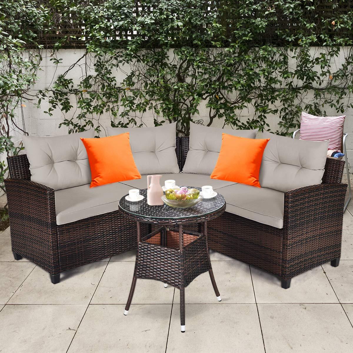 Patiojoy 4PCS Outdoor Patio Conversation Set Wicker Rattan Sectional Sofa