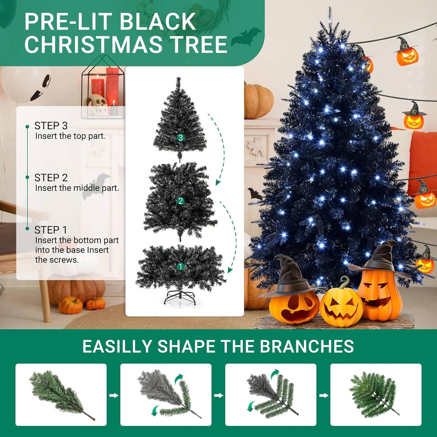 PAPROOS Prelit Christmas Trees, 5FT Artificial Christmas Tree with 250 Warm White LED Lights and 850 Branch Tips, Indoor Prelit Xmas Tree for Holiday Decor, Green